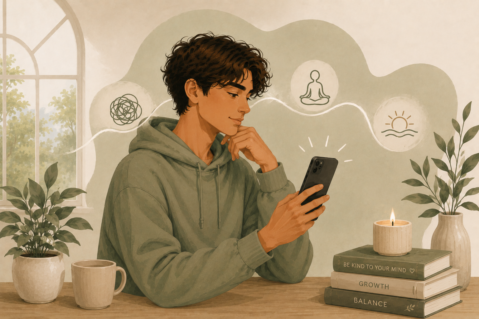 Young man in a green hoodie thoughtfully looking at his phone